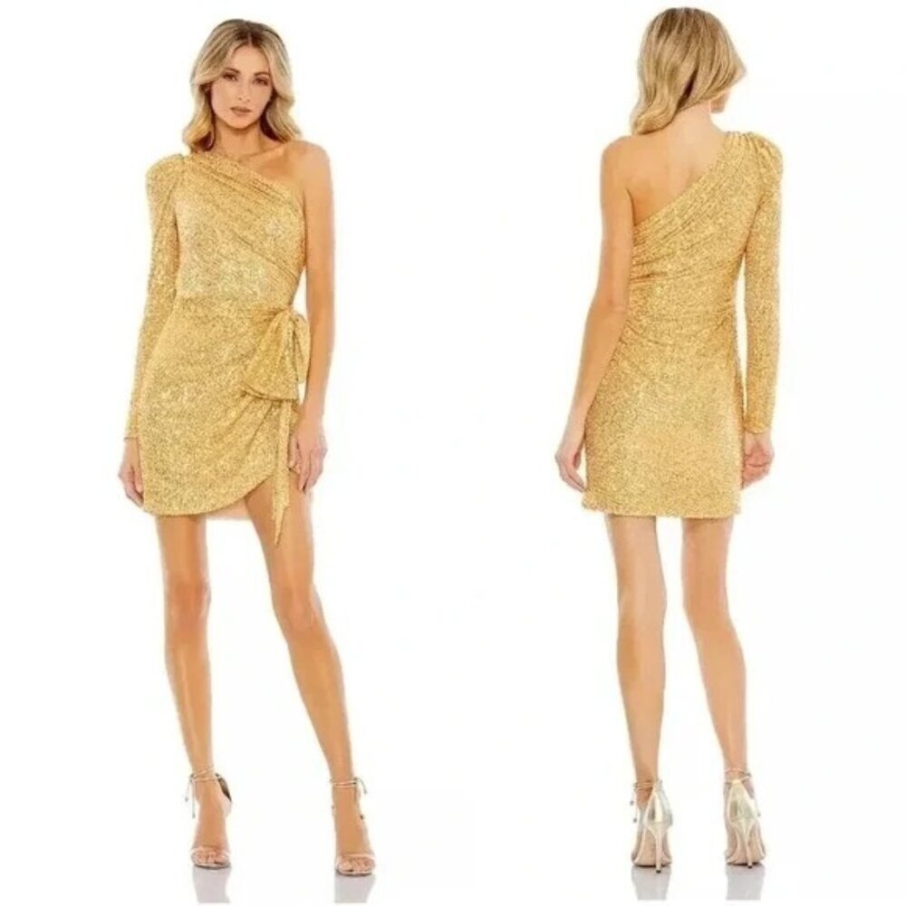 Mac Duggal 26977 Sequined One Shoulder Gold Mini Cocktail Dress Size 6 NWT $398